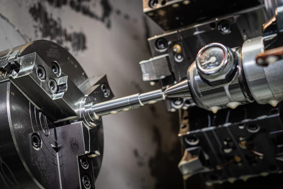 CNC torna tezgâhında işlenen metal mil