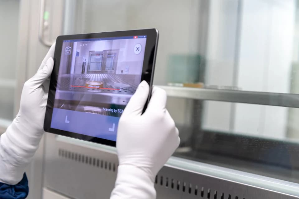 Üretim tesisinde eldivenli ellerle tablette kayıt tutan teknisyen